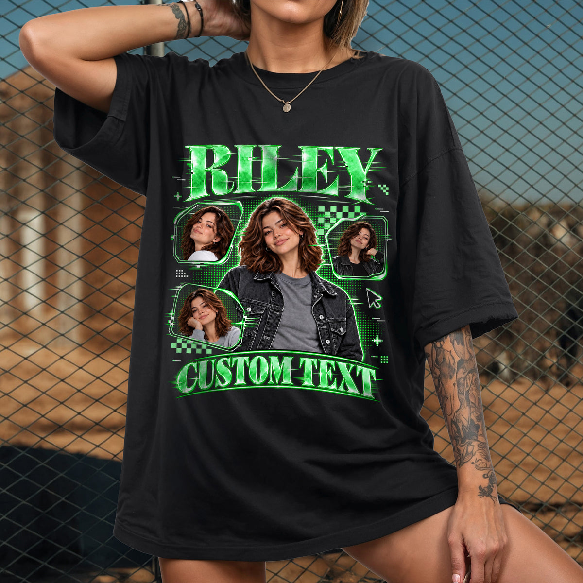 Custom Photo T-Shirt Y2K Neon Grid Aesthetic Tee Personalized Picture Name Clothing