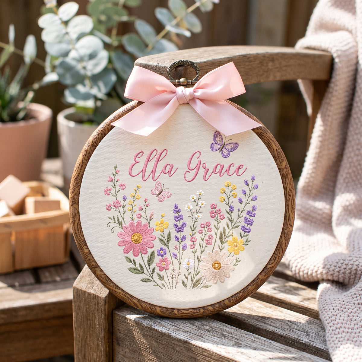 Personalized Baby Name Wildflowers Butterflies Embroidery Hoop Art Nursery Decor Keepsake