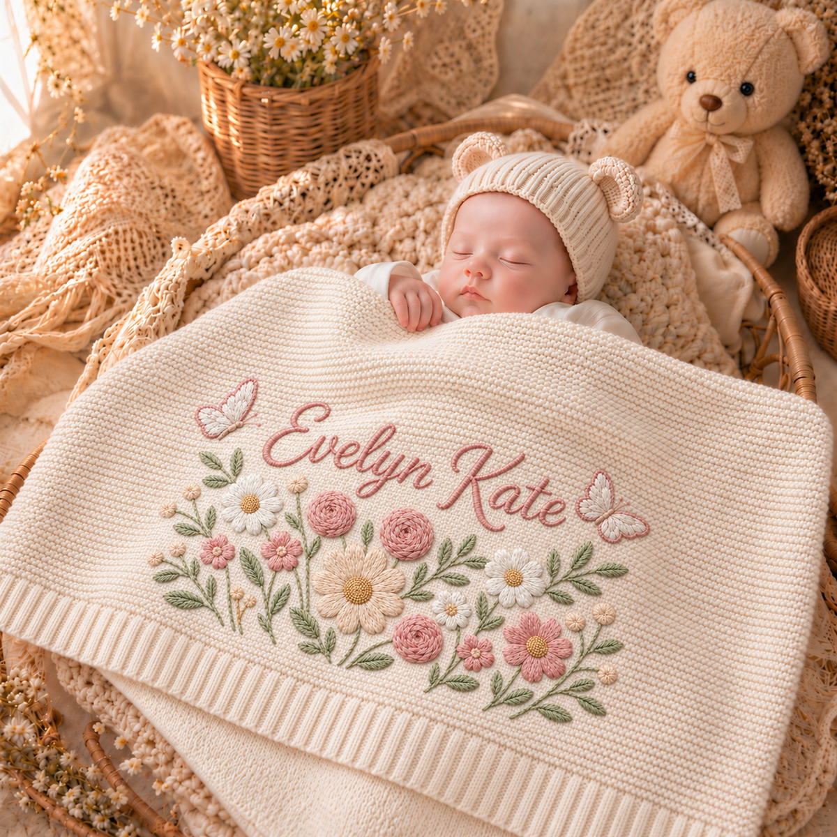Custom Name Baby Knitted Blanket Garden Flowers Butterflies Warm Infant Swaddle Sheet