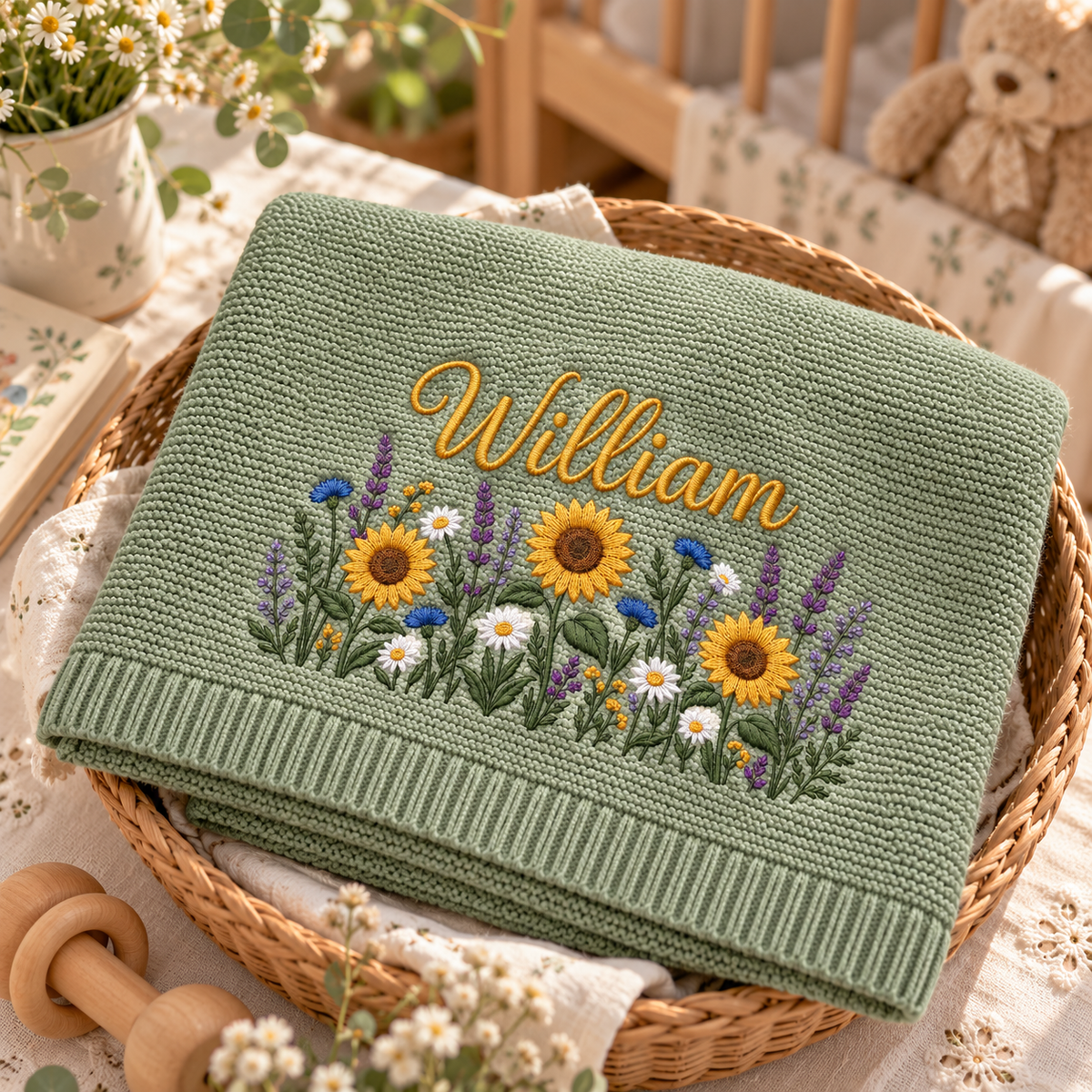 Custom Name Baby Knitted Blanket Sunflowers Lavender Warm Infant Swaddle Sheet Throw
