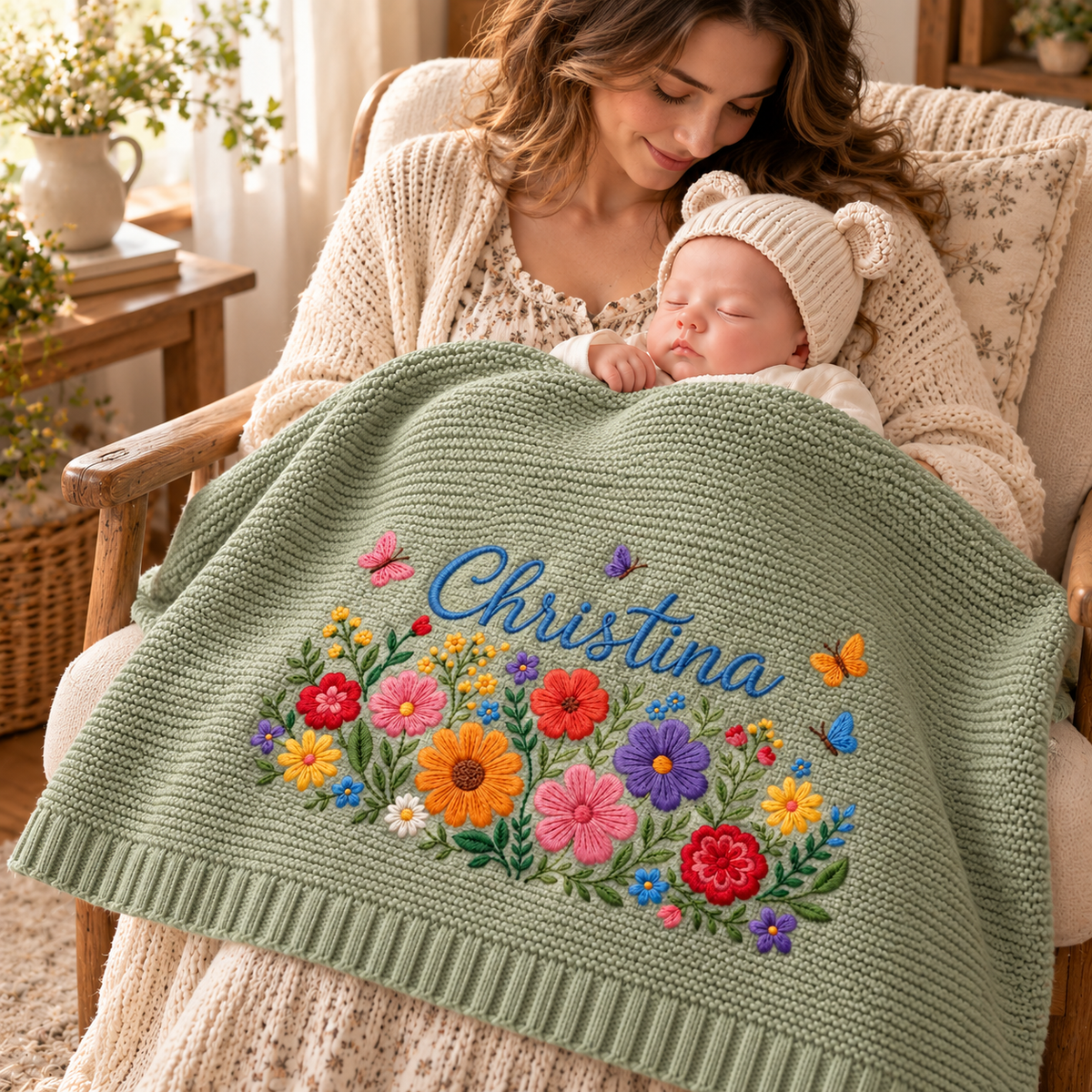 Custom Name Baby Knitted Blanket Wildflowers Butterflies Warm Infant Swaddle Sheet Throw
