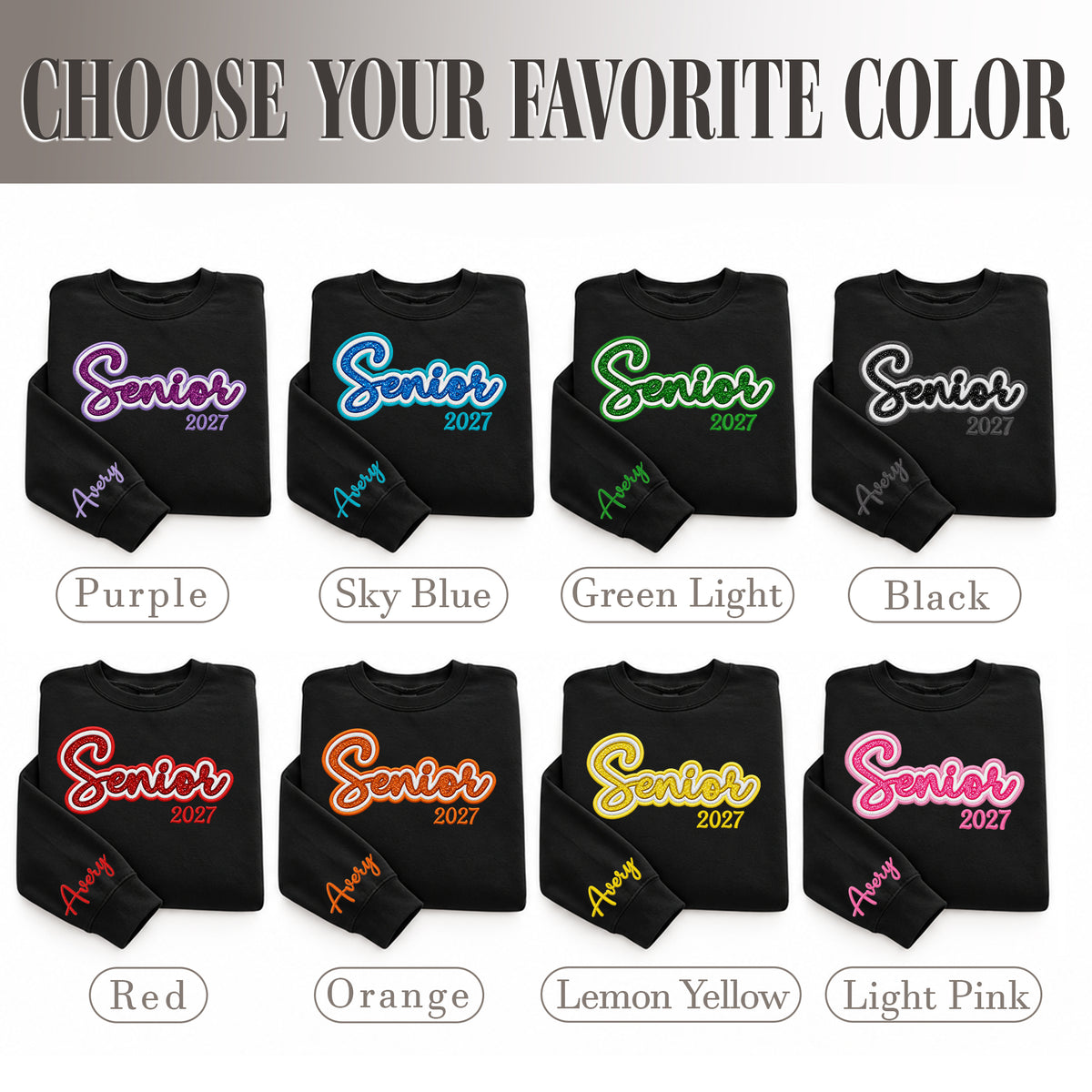 Senior Sweatshirt Custom Name Sleeve Embroidered Glitter Class of Any Year Gift