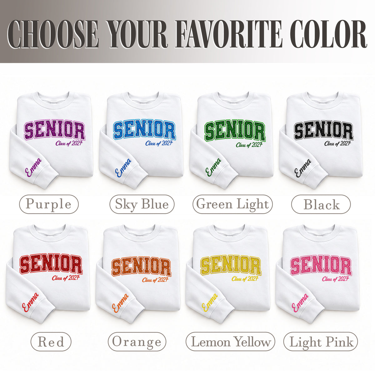 Senior Sweatshirt Glitter Varsity Letter Embroidered Custom Sleeve Name Grad Gift