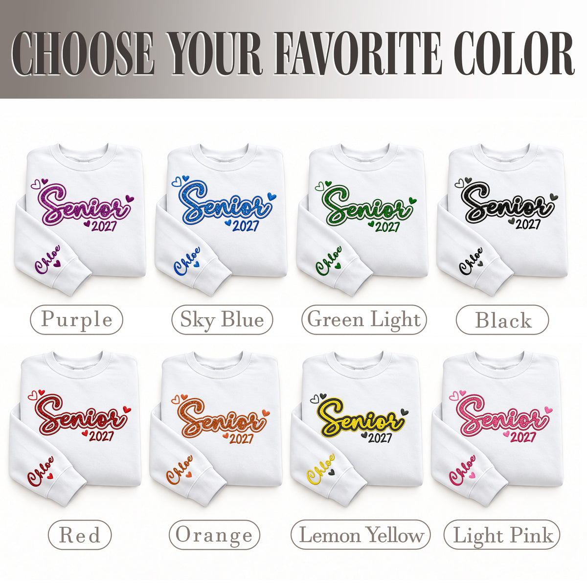 Senior Sweatshirt Custom Name Sleeve Heart Glitter Embroidery Grad Gift Crewneck