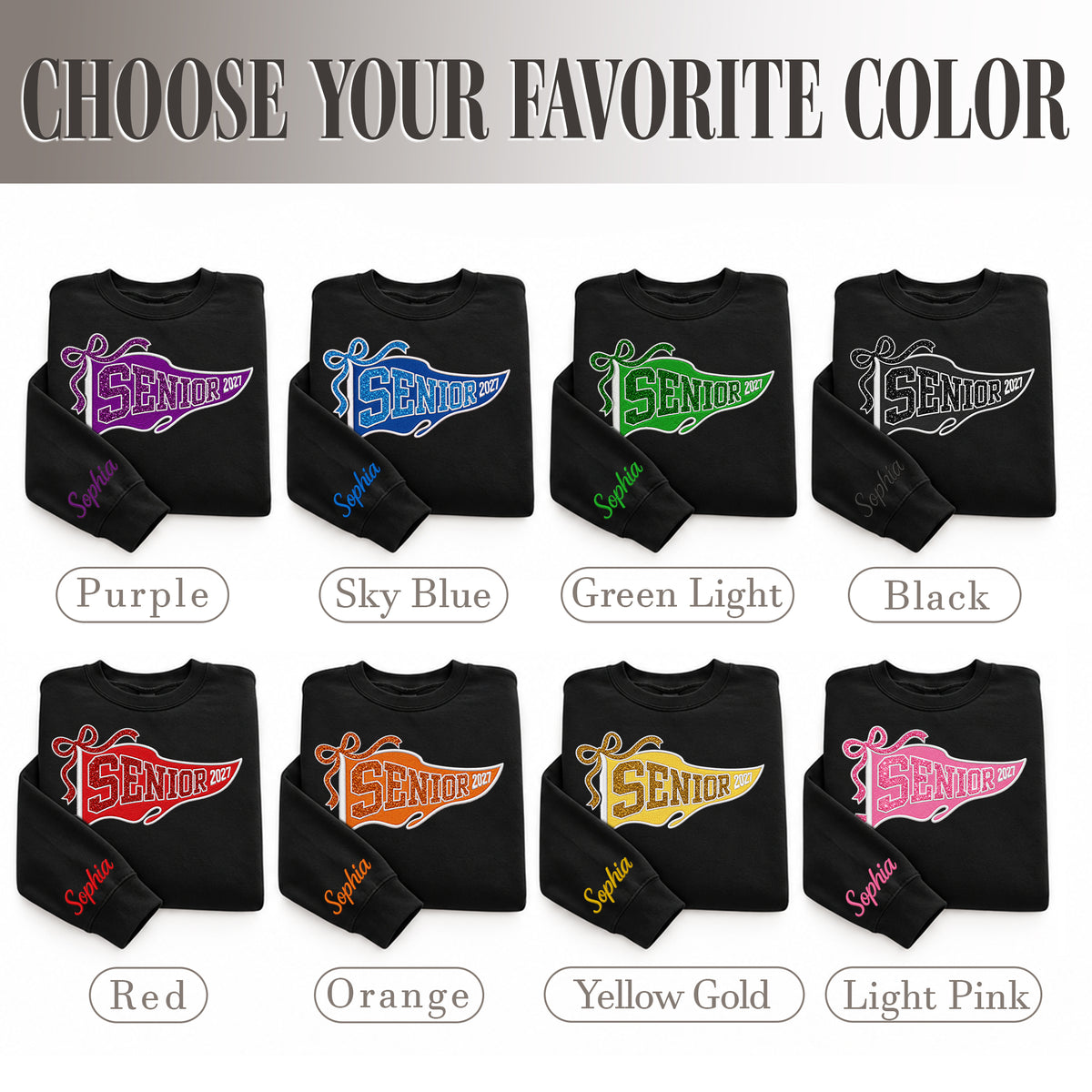 Senior Sweatshirt Pennant Flag Ribbon Glitter Embroidery Custom Name Sleeve Gift