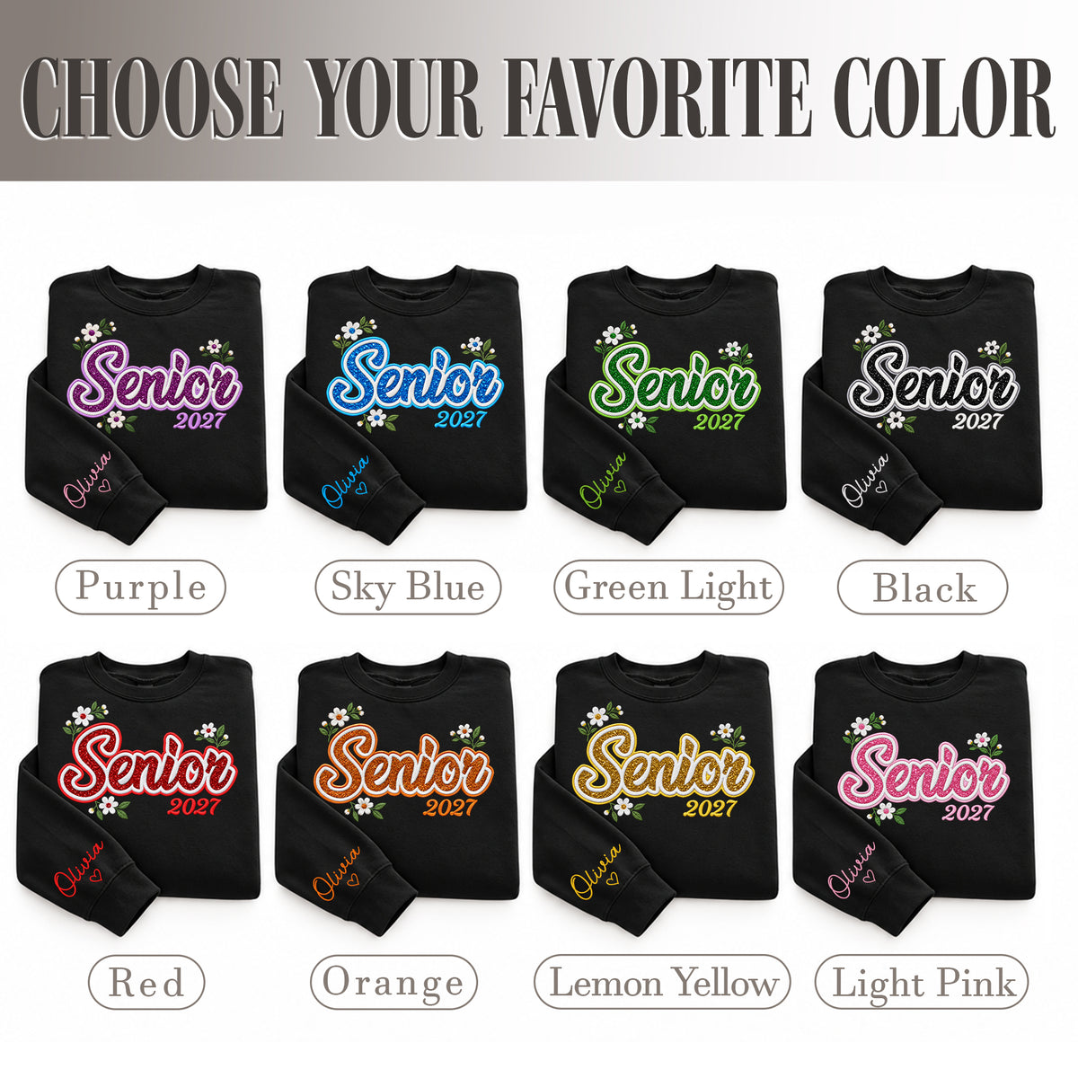 Senior Sweatshirt Floral Daisy Glitter Embroidery Custom Name Sleeve Grad Gift