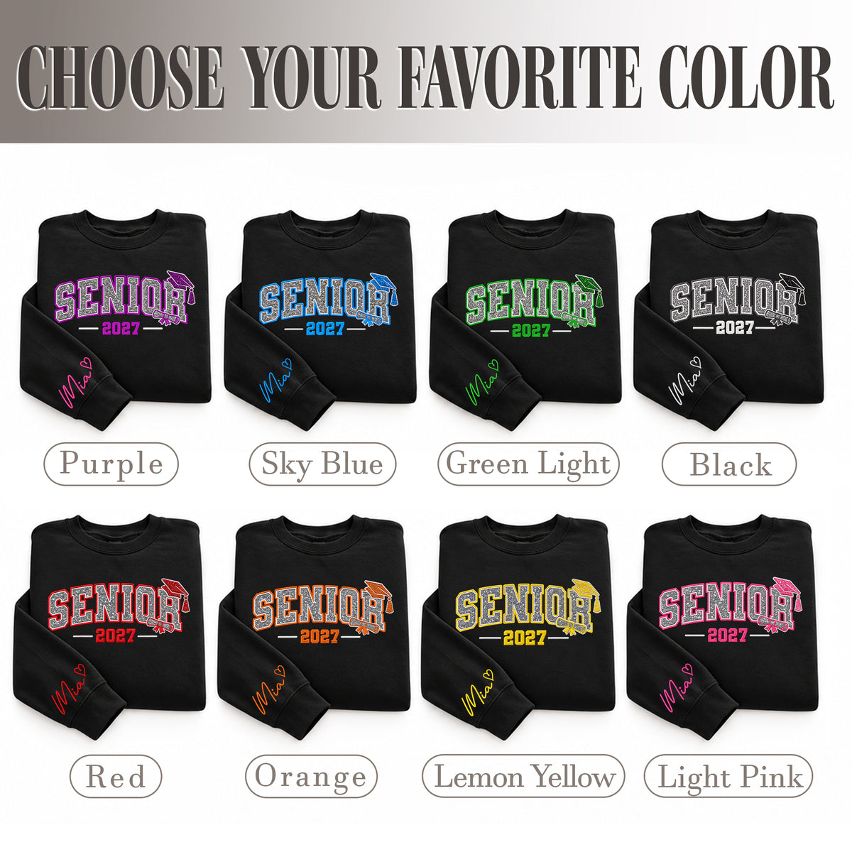 Senior Sweatshirt Grad Cap Diploma Silver Glitter Embroidery Custom Name Sleeve