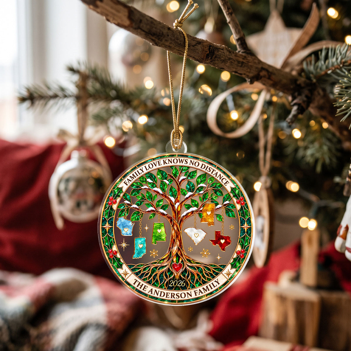 Custom Family Tree State Acrylic Ornament Long Distance Christmas Tree Keepsake Gift