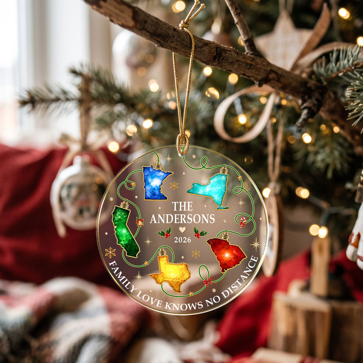 Personalized Christmas Light State Acrylic Ornament Long Distance Family Tree Decor
