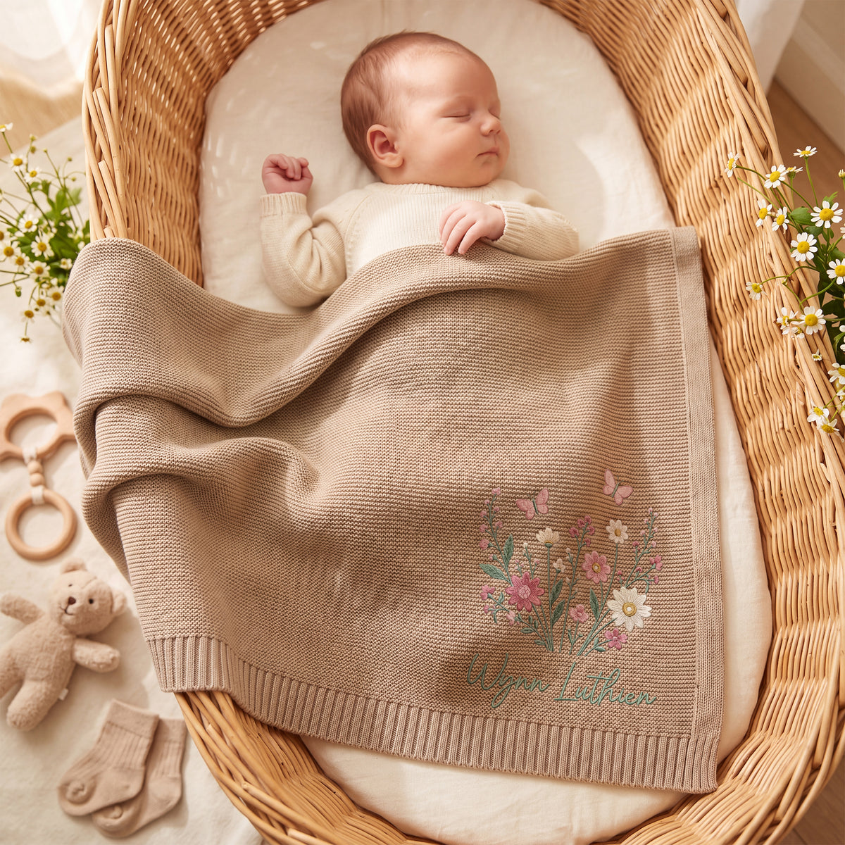 Personalized Embroidered Baby Name Blanket Floral Butterfly Custom Knit Blanket Baby Gift