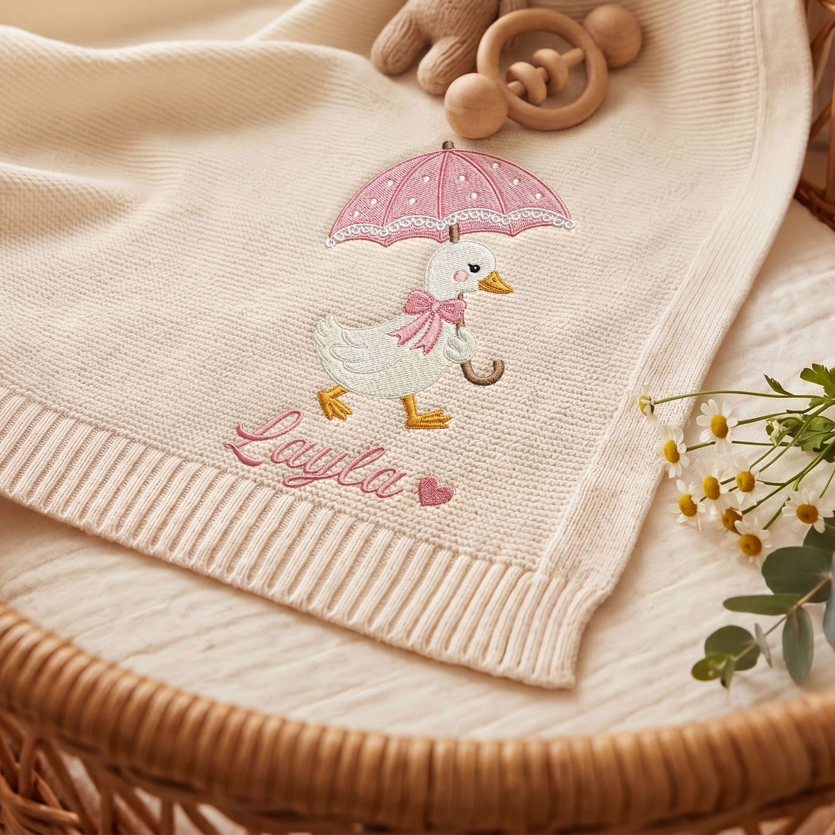 Personalized Embroidered Baby Name Blanket Cute Duck Umbrella Custom Knit Baby Shower Gift