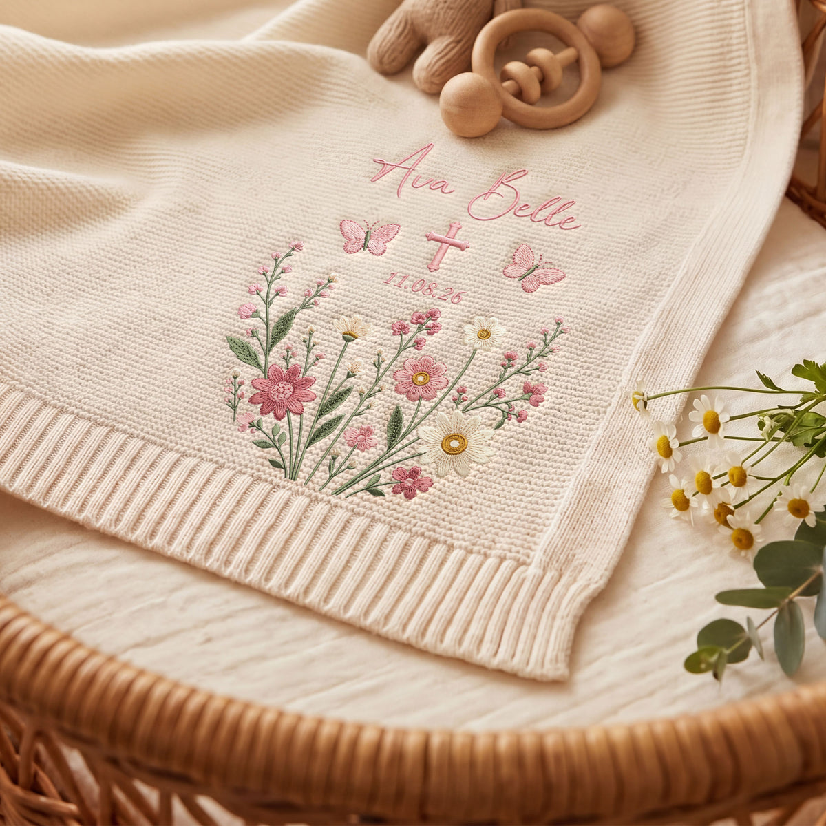 Personalized Embroidered Baby Name Blanket Baptism Cross Floral Knit Baby Shower Gift