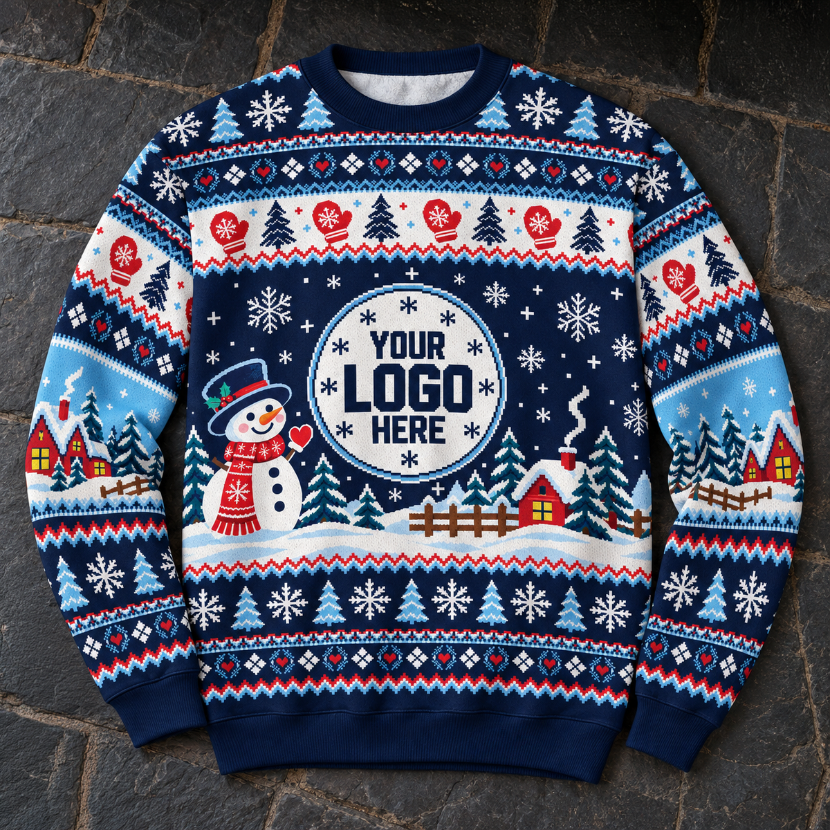 Custom Logo Ugly Sweater Snowman Winter Village Patterned Xmas Party Pullover