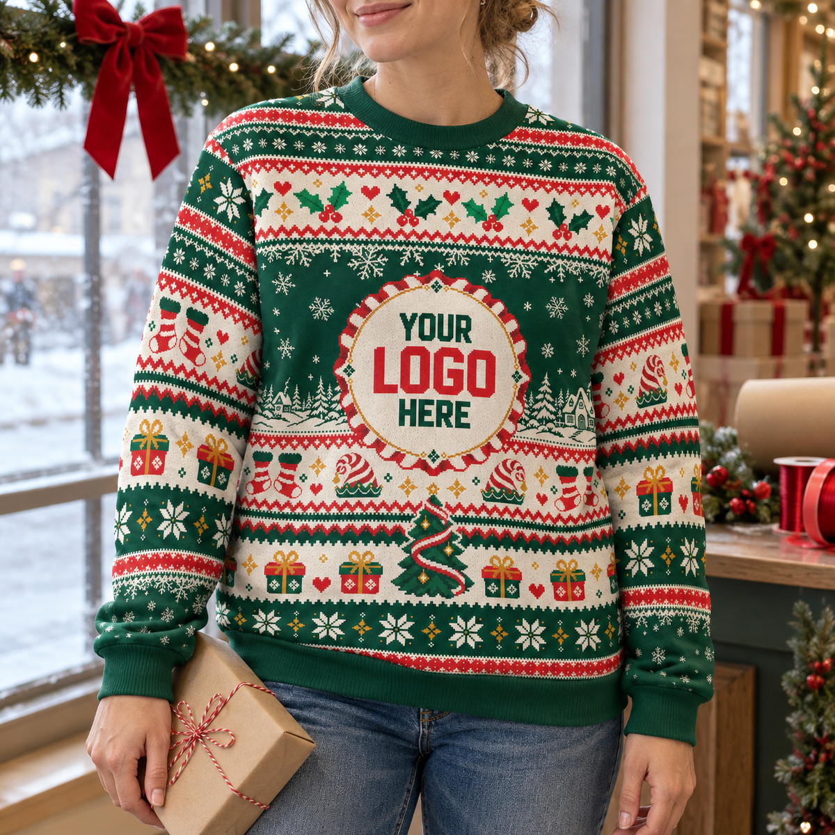 Custom Logo Ugly Christmas Sweater Holly Berry Stocking Patterned Holiday Jumper