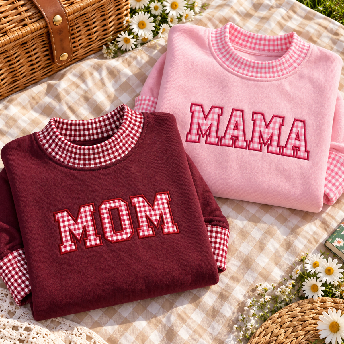 Custom Family Applique Embroid Name Gingham Collar Sleeve Pullover Mockneck Sweatshirt