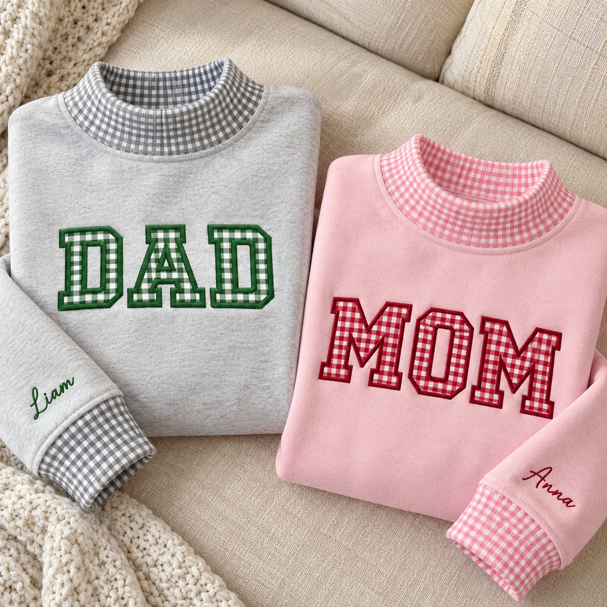 Custom Name Family Applique Embroid Gingham Polka Dot Collar Mockneck Sweatshirt