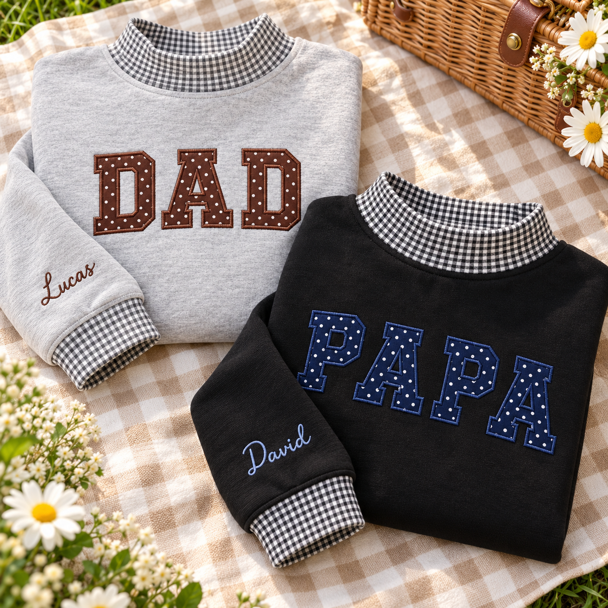 Custom Name Family Applique Embroid Stripe Gingham Collar Sleeve Mockneck Sweatshirt