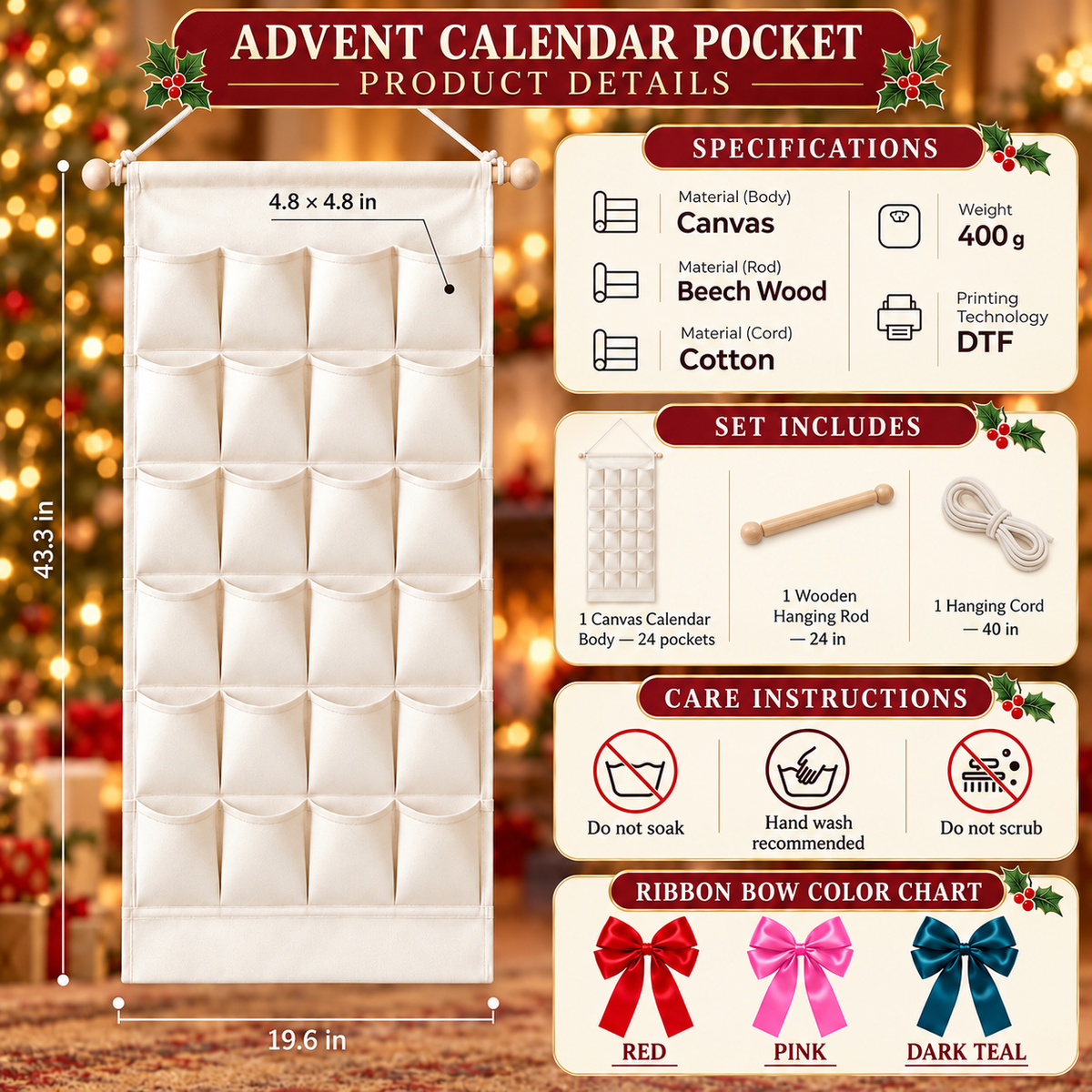 Custom Name Embroid Christmas Advent Calendar Country Village Wall Hanging Pocket