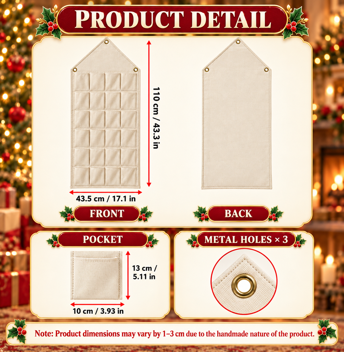 Custom Name Embroid Christmas Advent Calendar Toile De Jouy Vintage Wall Hanging Pocket