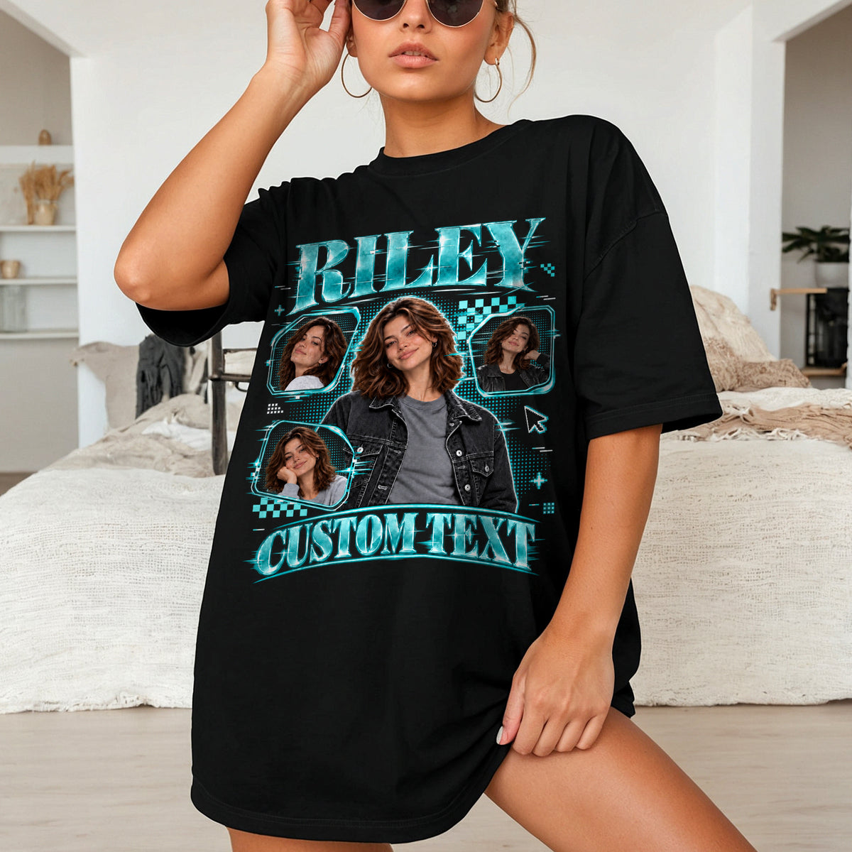 Custom Photo T-Shirt Y2K Neon Grid Aesthetic Tee Personalized Picture Name Clothing
