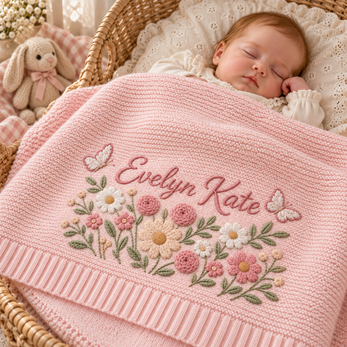 Custom Name Baby Knitted Blanket Garden Flowers Butterflies Warm Infant Swaddle Sheet