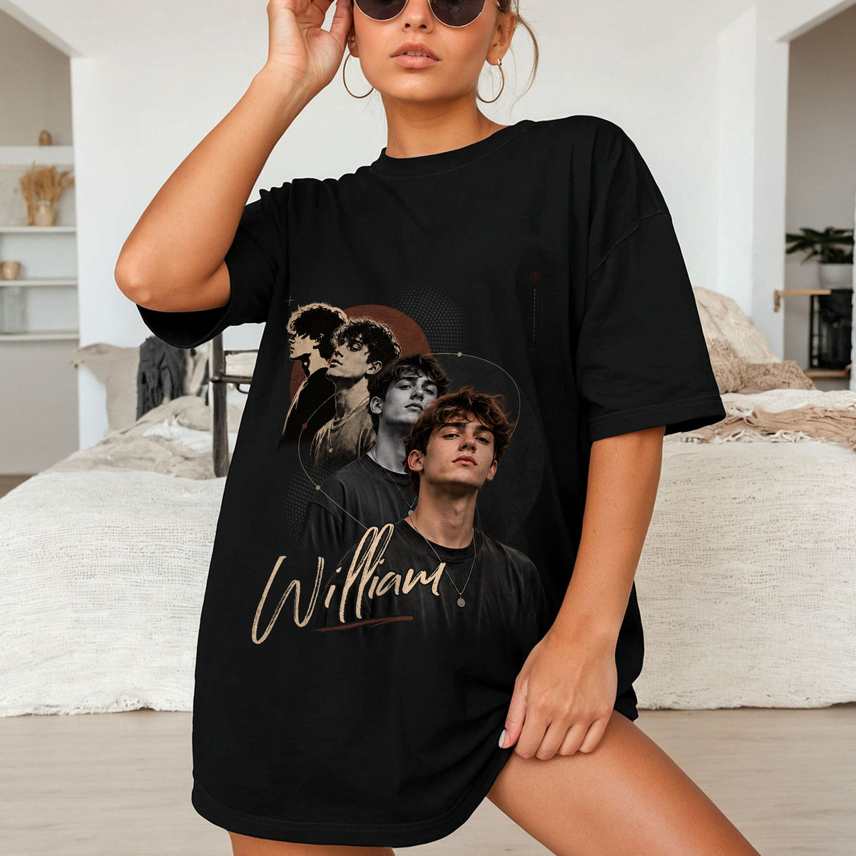 Custom Photo T-Shirt Vintage Cursive Script Graphic Tee Personalized Picture Name Shirt