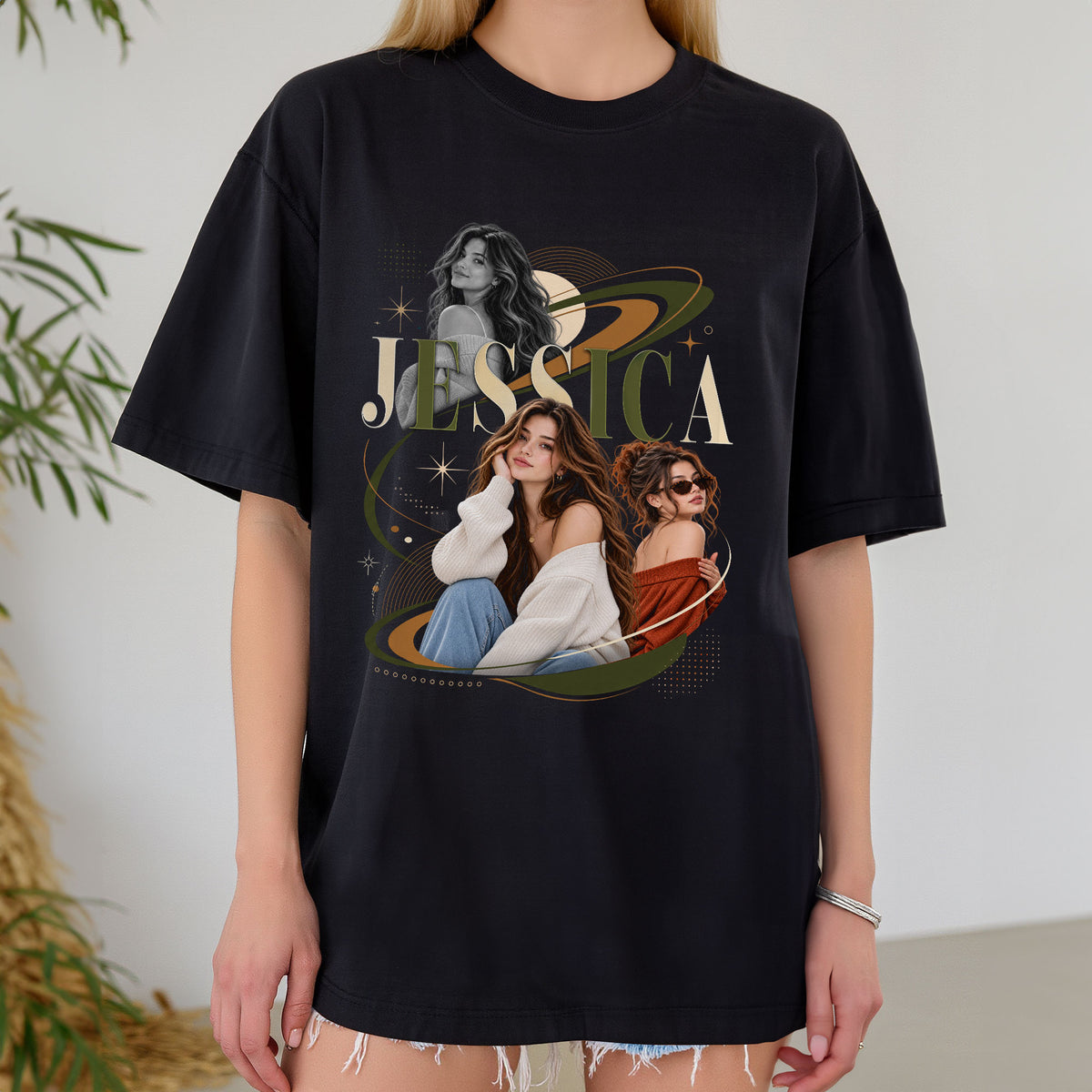 Custom Photo T-Shirt Vintage Planetary Orbit Graphic Tee Personalized Name Picture Shirt