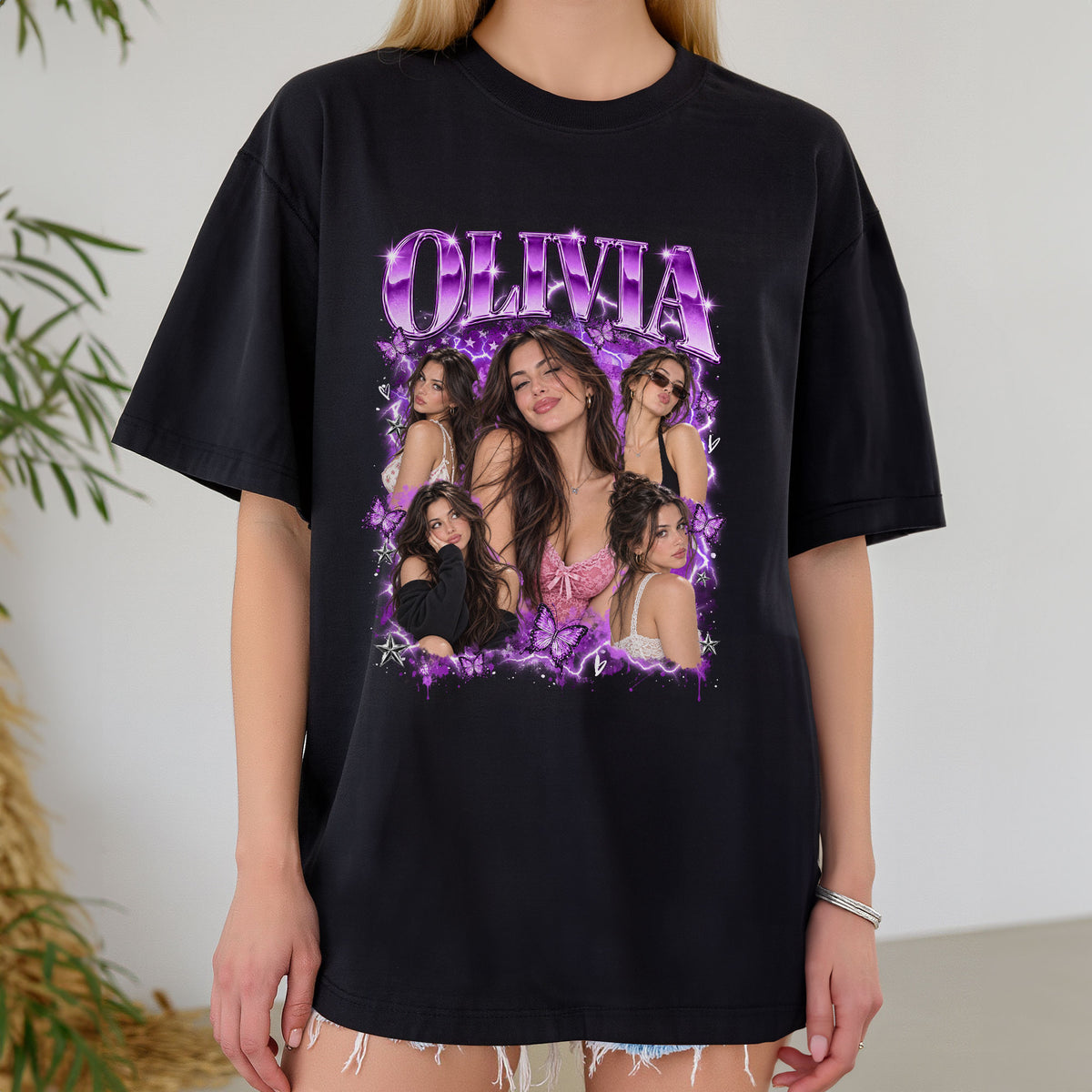 Custom Vintage Rhinestone Name Butterfly Photo Collage T Shirt Top Apparel Garment