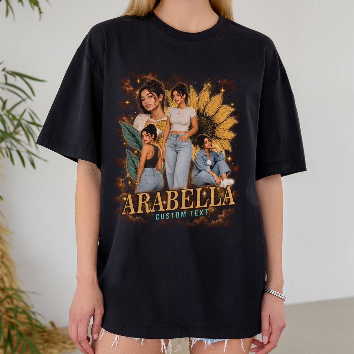 Personalized Vintage Sunflower Custom Photo Graphic Tee Shirt Retro Cotton Apparel