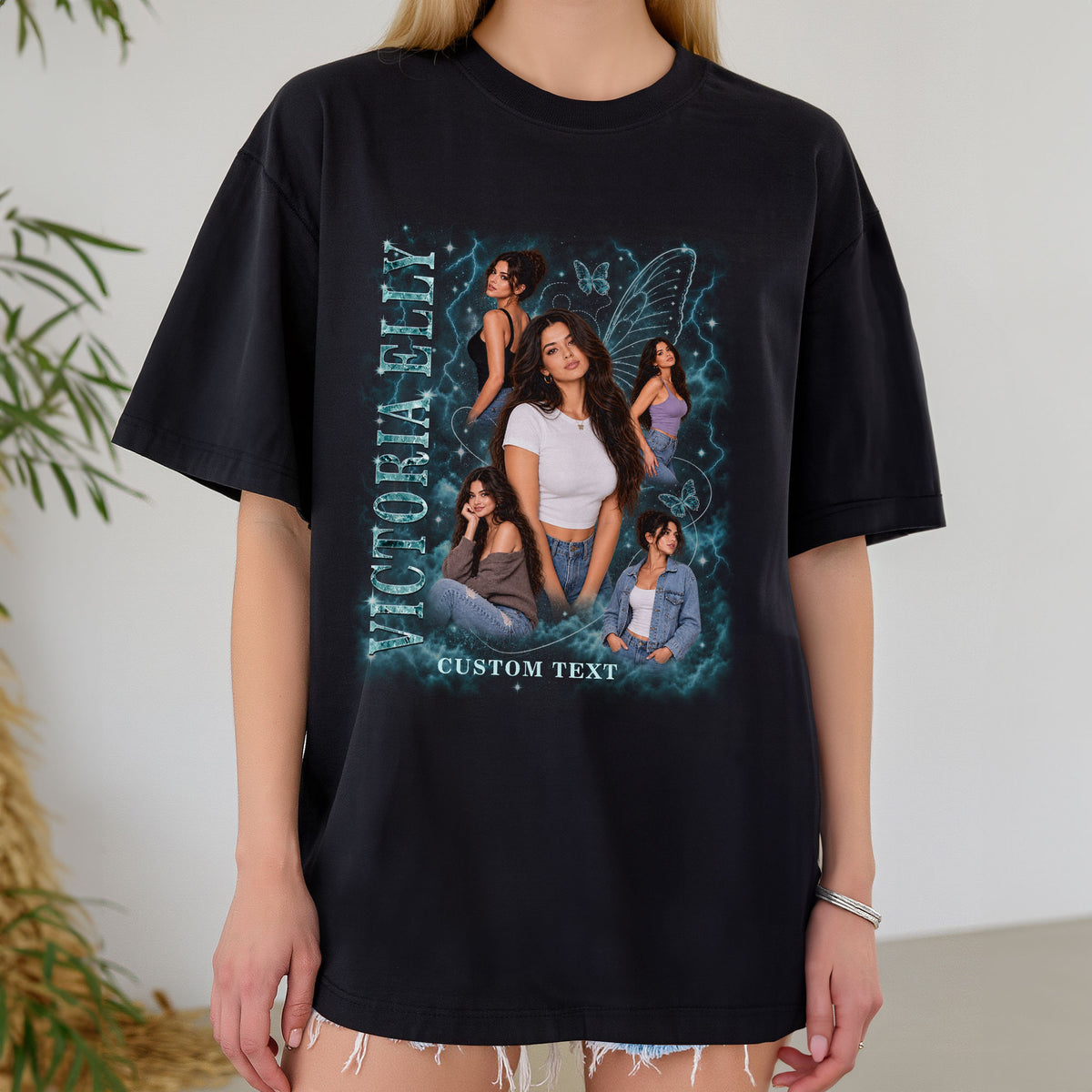 Personalized Vintage Butterfly Custom Photo Graphic Tee Shirt Retro Cotton Apparel