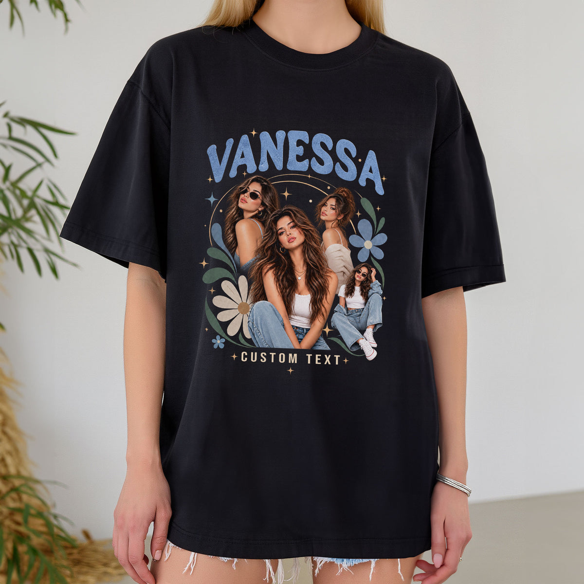 Personalized Vintage Floral Custom Photo Graphic Tee Shirt Retro Cotton Apparel