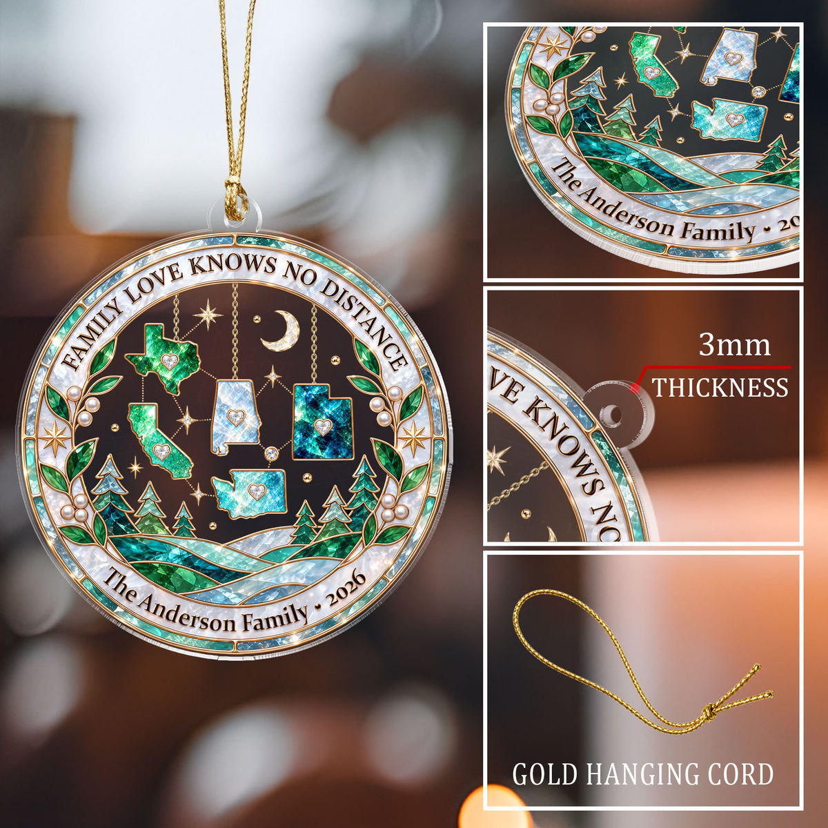 Personalized Family Love Knows No Distance Acrylic Ornament Custom Christmas State Gift