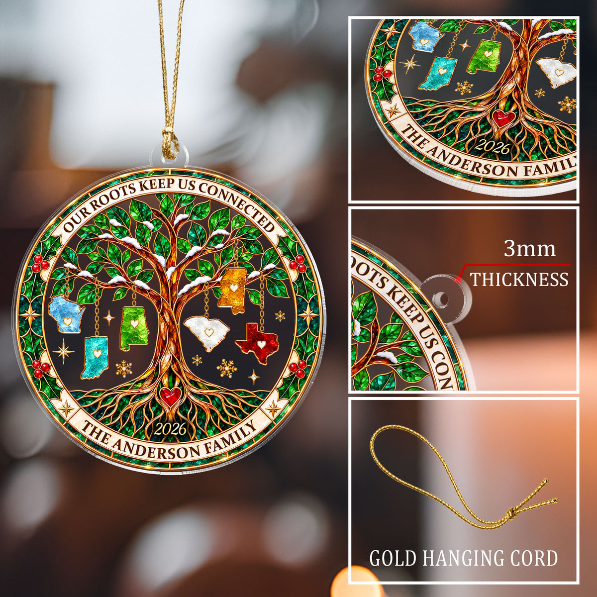 Custom Family Tree State Acrylic Ornament Long Distance Christmas Tree Keepsake Gift