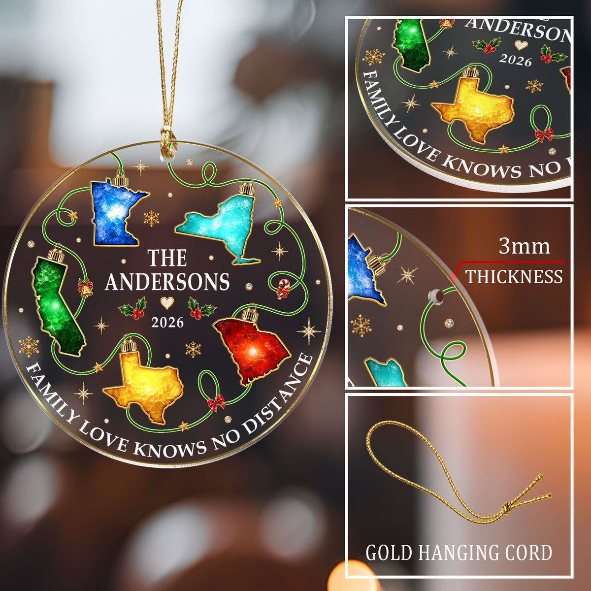 Personalized Christmas Light State Acrylic Ornament Long Distance Family Tree Decor