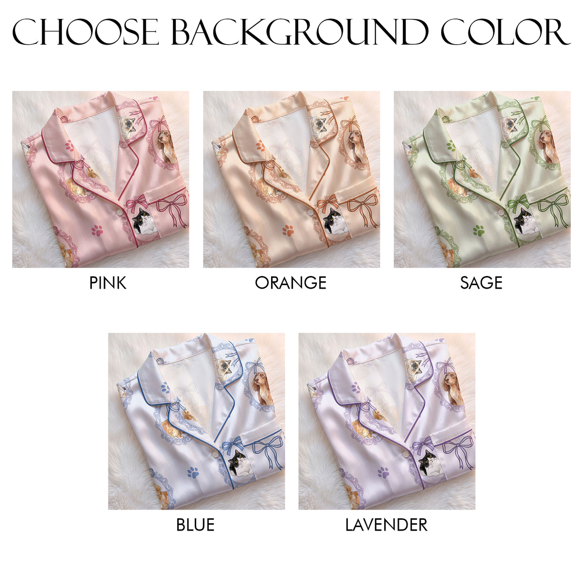 Custom Pet Satin Pajamas Set Personalised Dog Cat Portrait PJs Vintage Bow Sleepwear