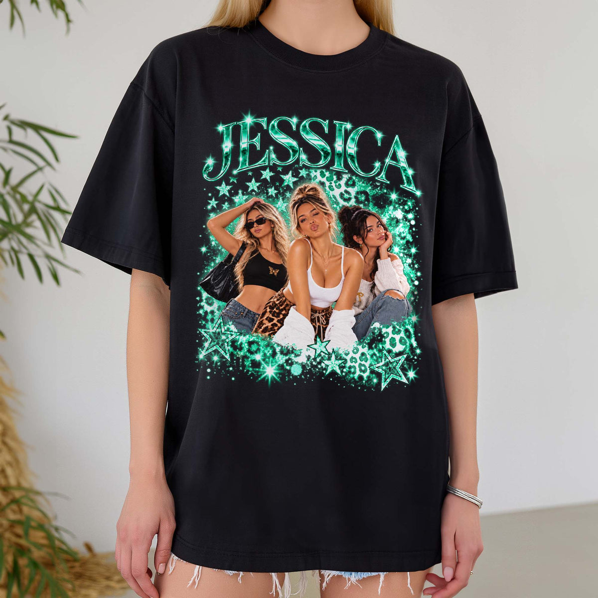 Custom Vintage Photo Collage T Shirt Unisex Leopard Star Graphic Tee Clothing Top Apparel