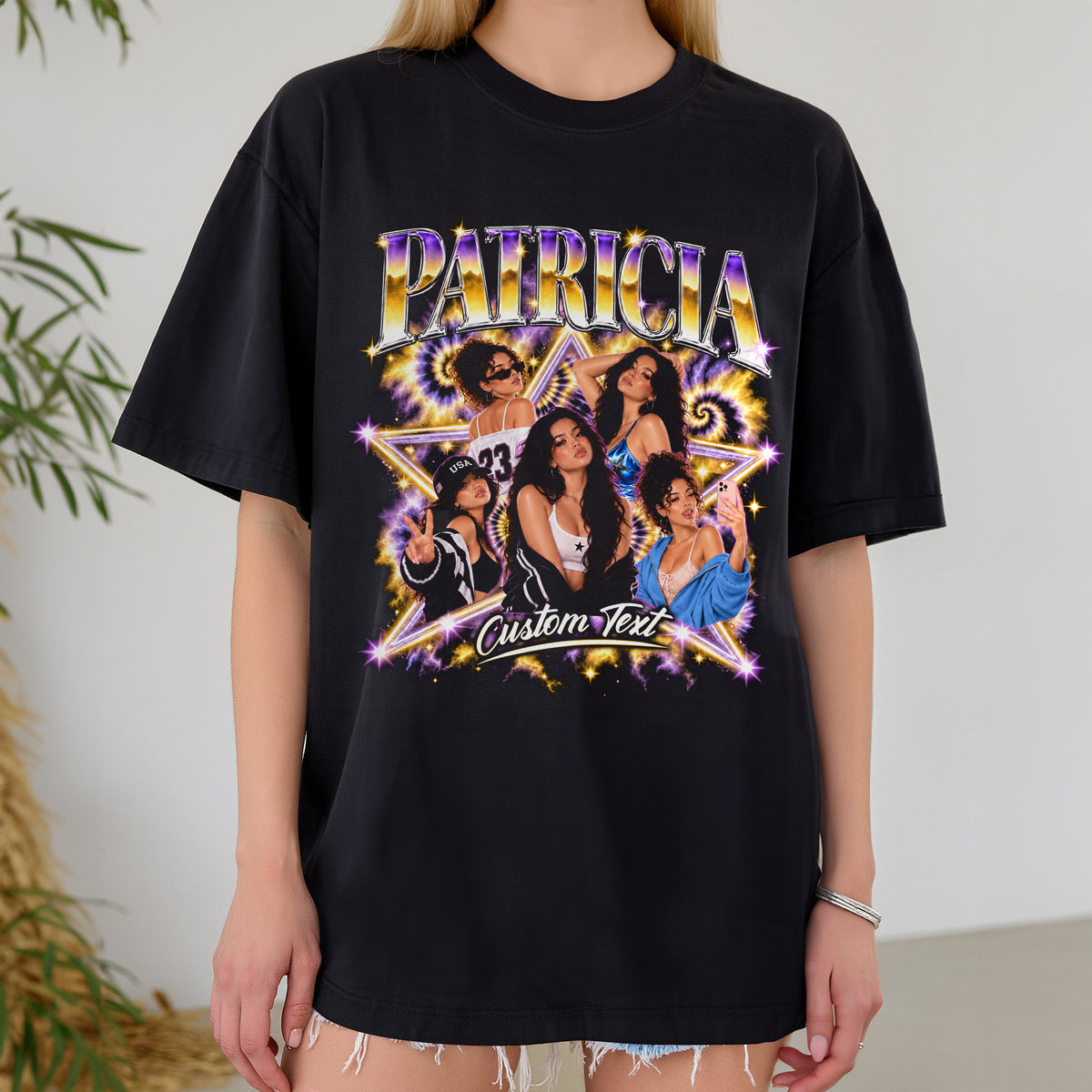 Custom Vintage Photo Collage T Shirt Unisex Neon Star Spiral Graphic Tee Clothing Top