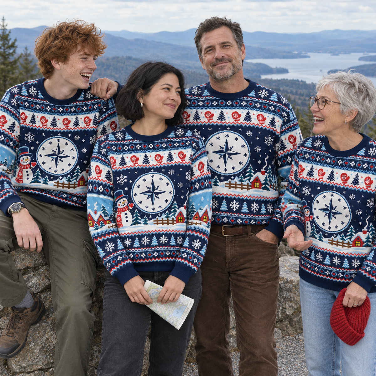 Custom Logo Ugly Sweater Snowman Winter Village Patterned Xmas Party Pullover