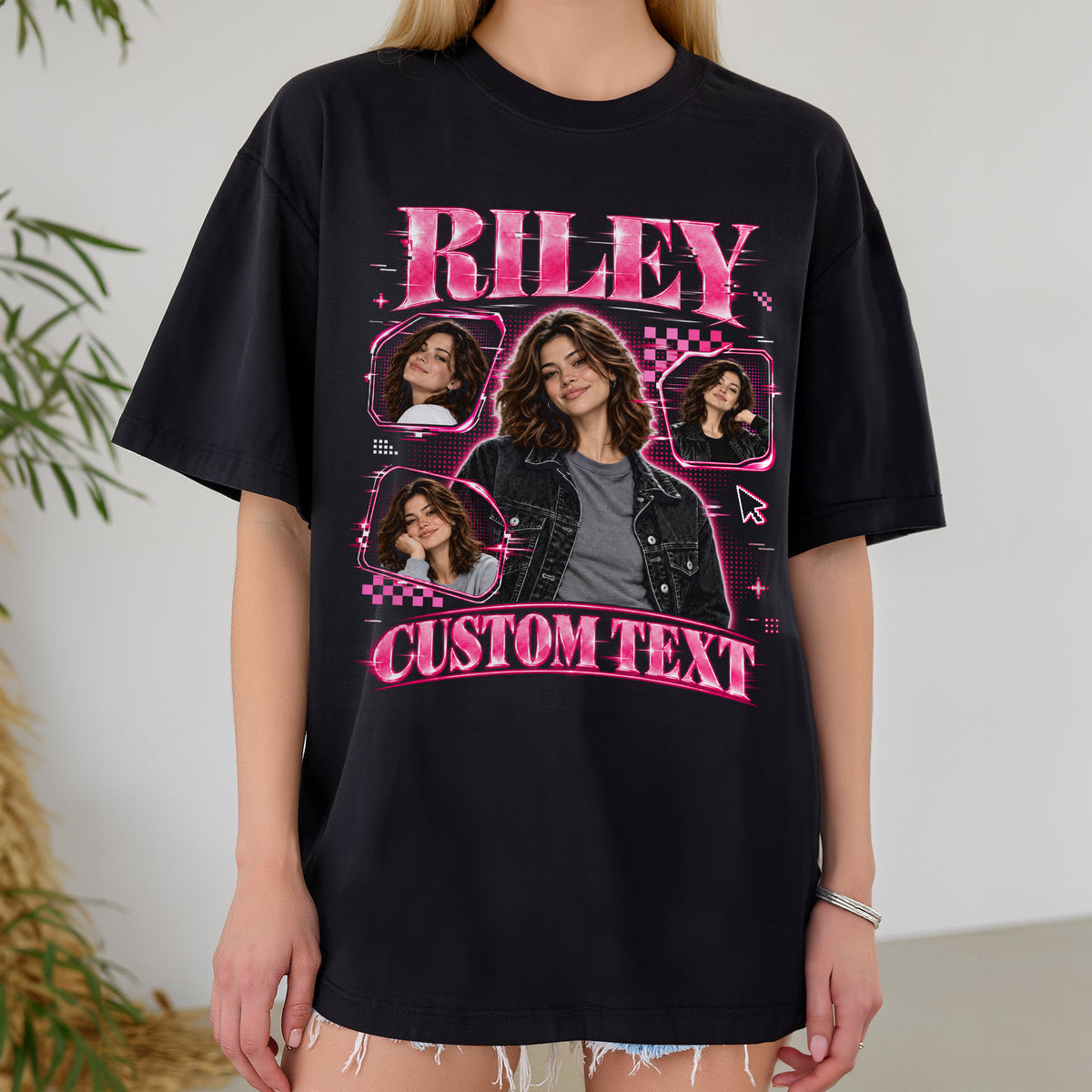 Custom Photo T-Shirt Y2K Neon Grid Aesthetic Tee Personalized Picture Name Clothing