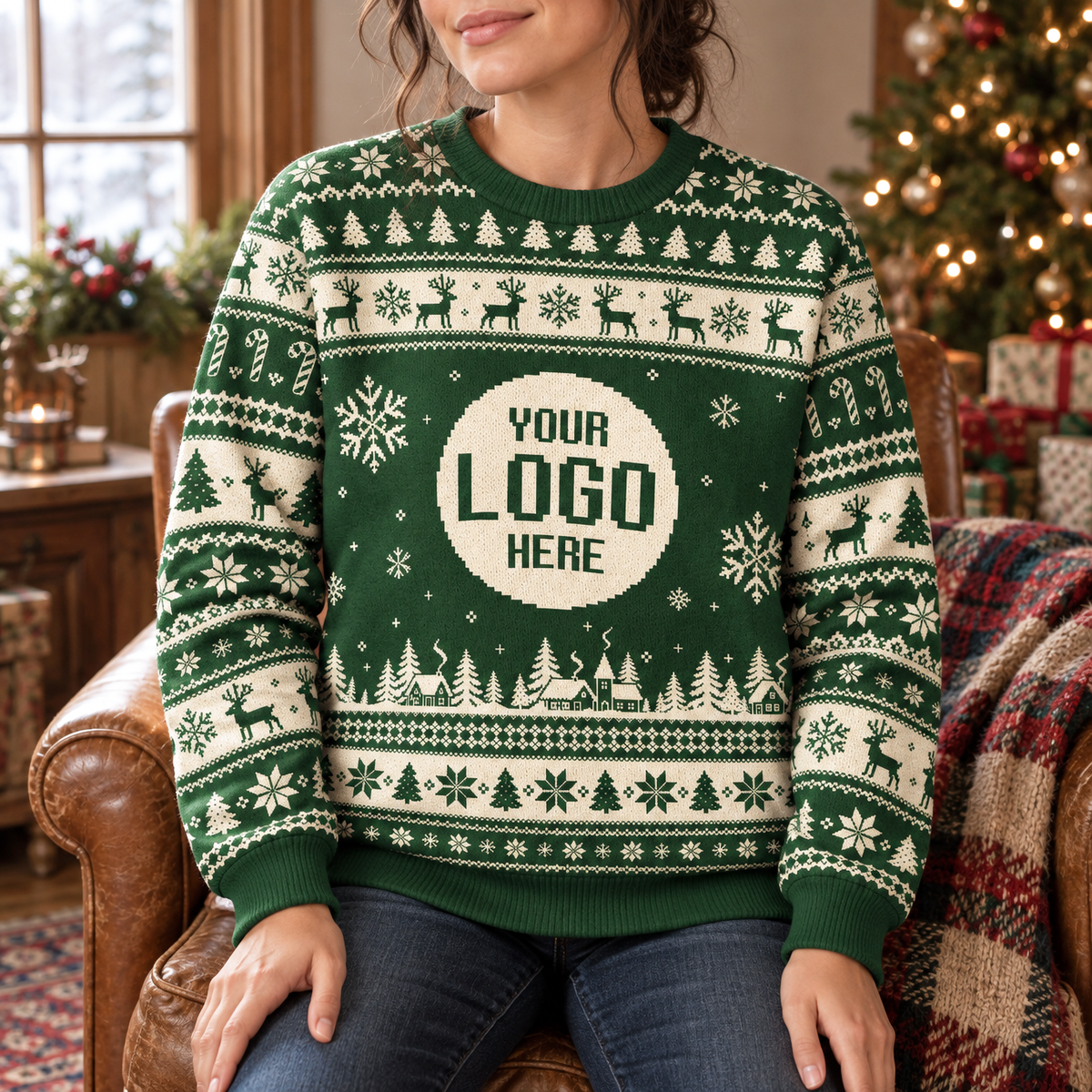 Custom Logo Ugly Christmas Sweater Reindeer Fair Isle Pattern Holiday Jumper