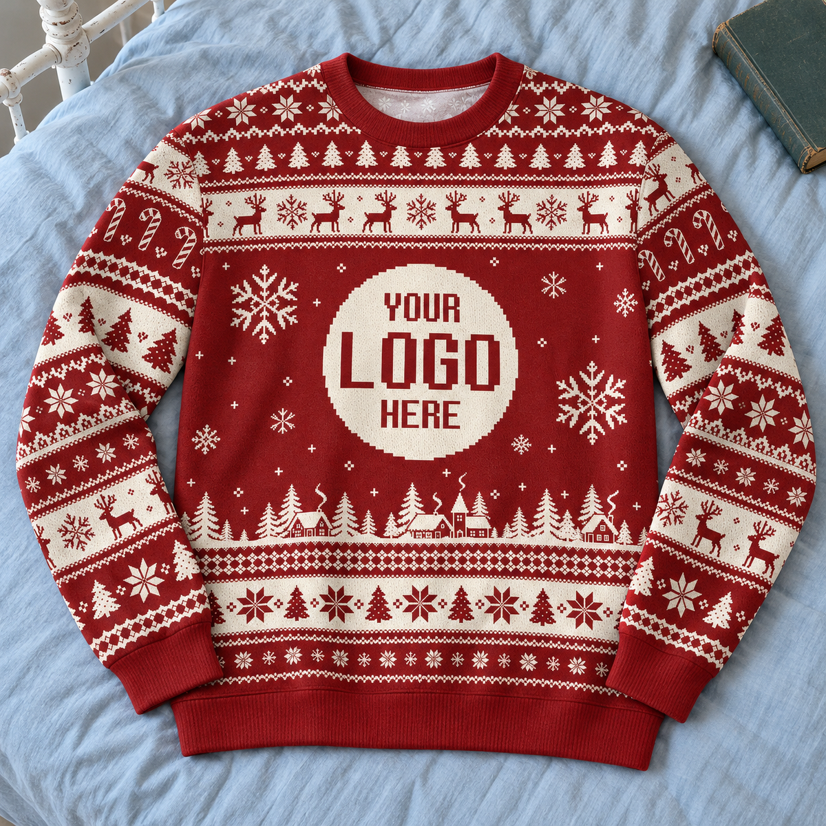 Custom Logo Ugly Christmas Sweater Red Reindeer Fair Isle Pattern Holiday Jumper
