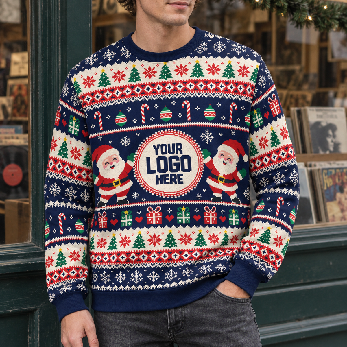 Custom Logo Ugly Christmas Sweater Santa Claus Christmas Tree Holiday Jumper