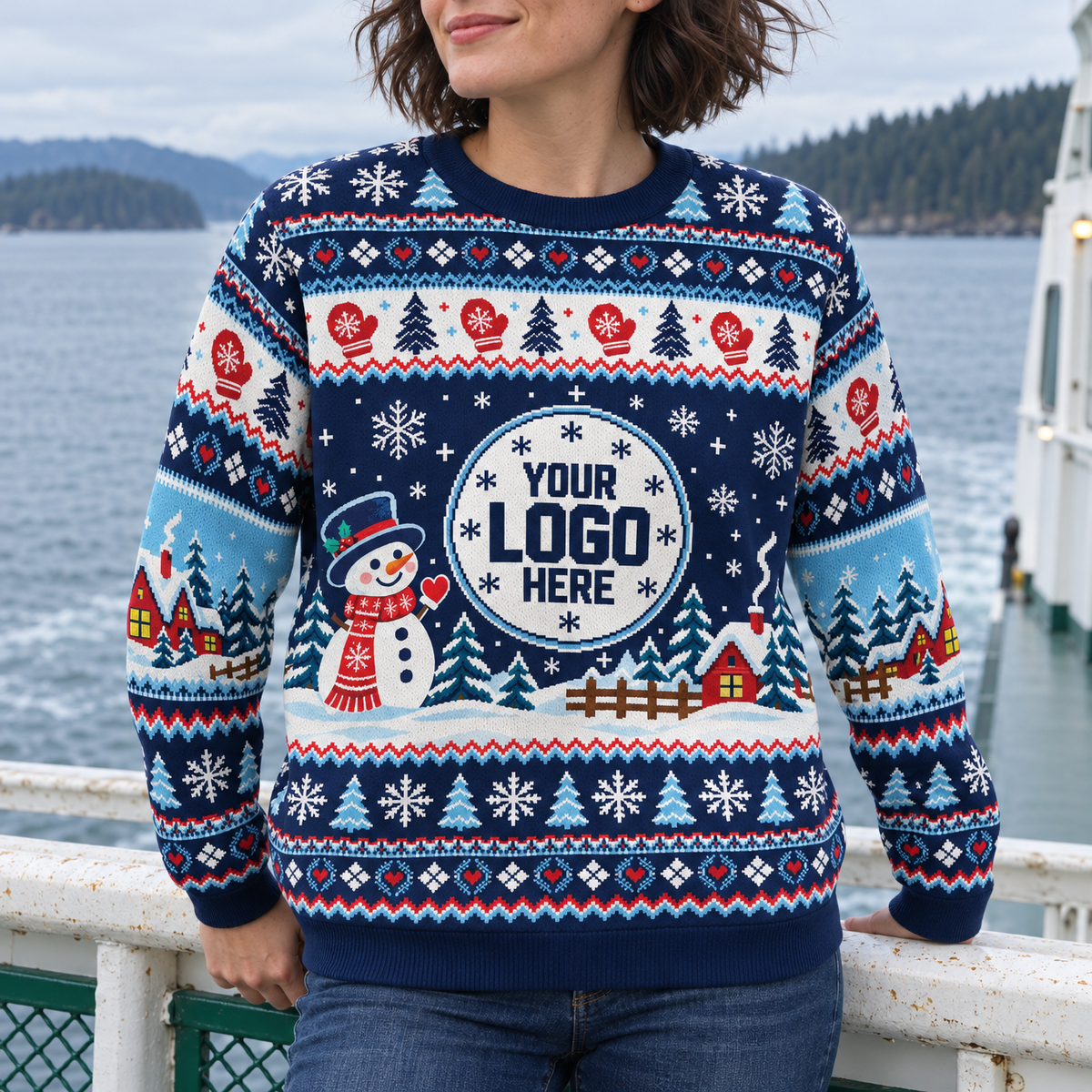 Custom Logo Ugly Sweater Snowman Winter Village Patterned Xmas Party Pullover
