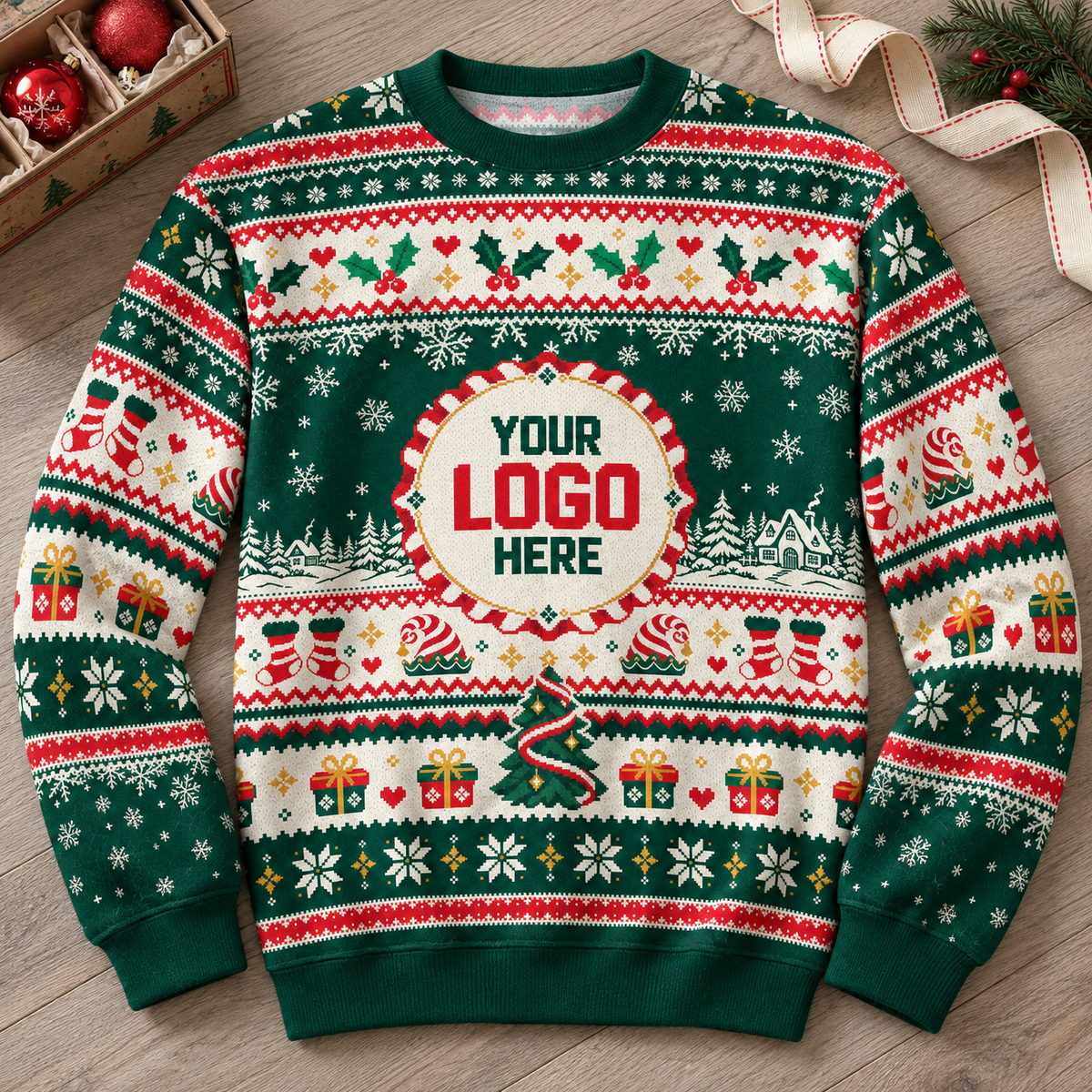 Custom Logo Ugly Christmas Sweater Holly Berry Stocking Patterned Holiday Jumper