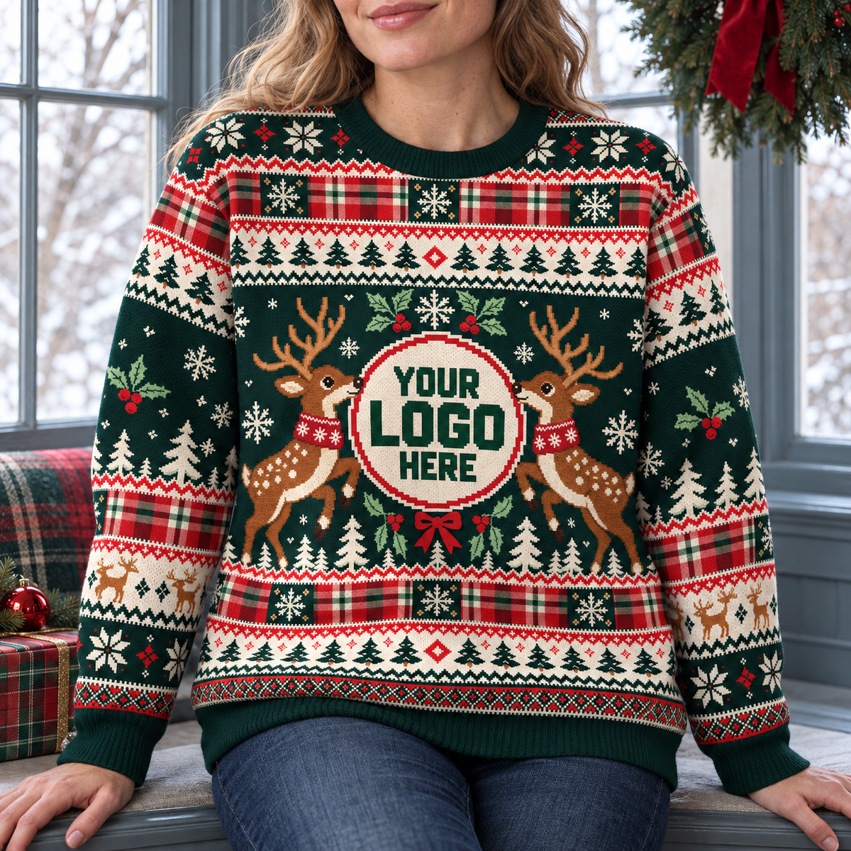 Custom Logo Ugly Sweater Green Reindeer Holly Berry Plaid Patterned Xmas Pullover