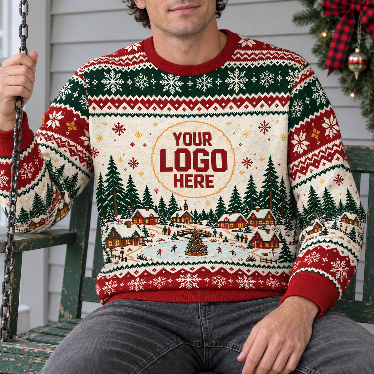 Custom Logo Ugly Christmas Sweater Snowy Village Ice Skating Patterned Holiday Jumper