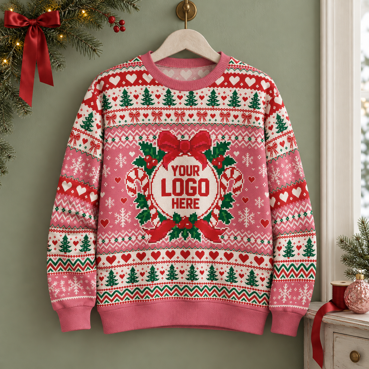 Custom Logo Ugly Christmas Sweater Pink Wreath Red Bow Heart Patterned Holiday Jumper