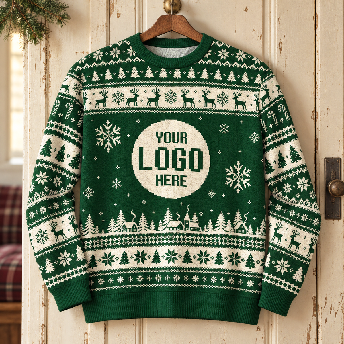 Custom Logo Ugly Christmas Sweater Reindeer Fair Isle Pattern Holiday Jumper