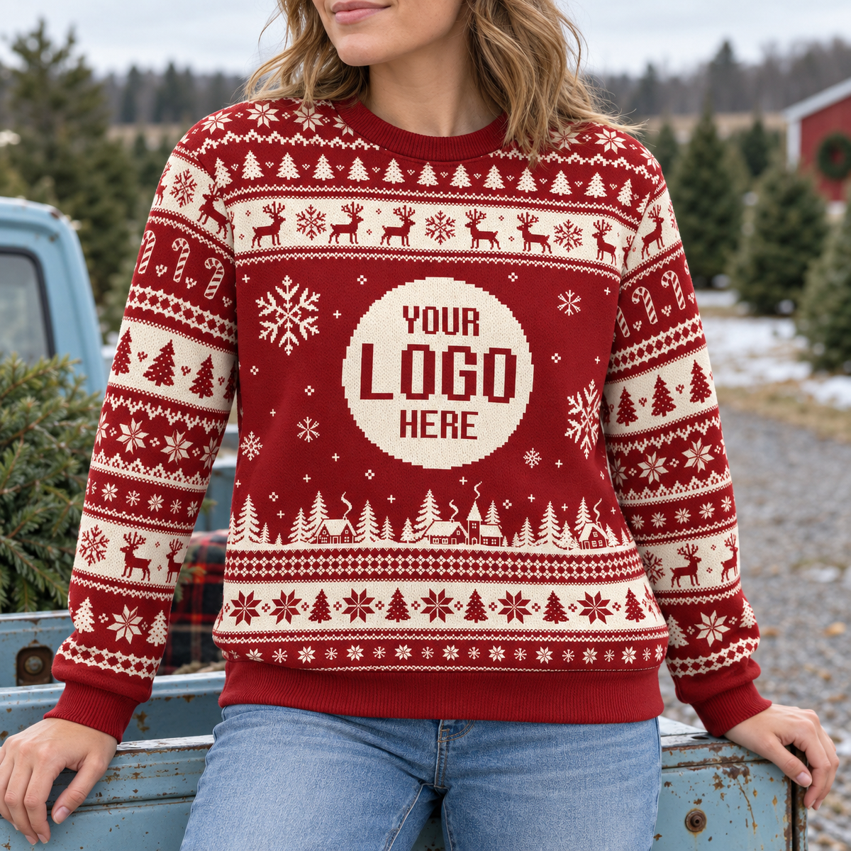 Custom Logo Ugly Christmas Sweater Red Reindeer Fair Isle Pattern Holiday Jumper