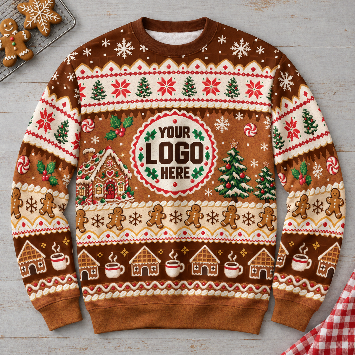 Custom Logo Ugly Christmas Sweater Gingerbread House Man Patterned Holiday Jumper